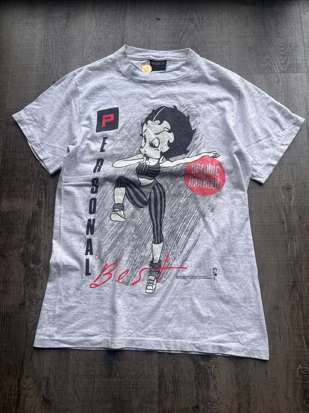 Vintage 1991 Betty Boop Personal Best Aerobic Workout T-Shirt Grey Size M